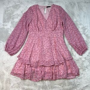 Japna Layered Chiffon Floral Flirty Fun Short Summer Dress Size Medium Pink